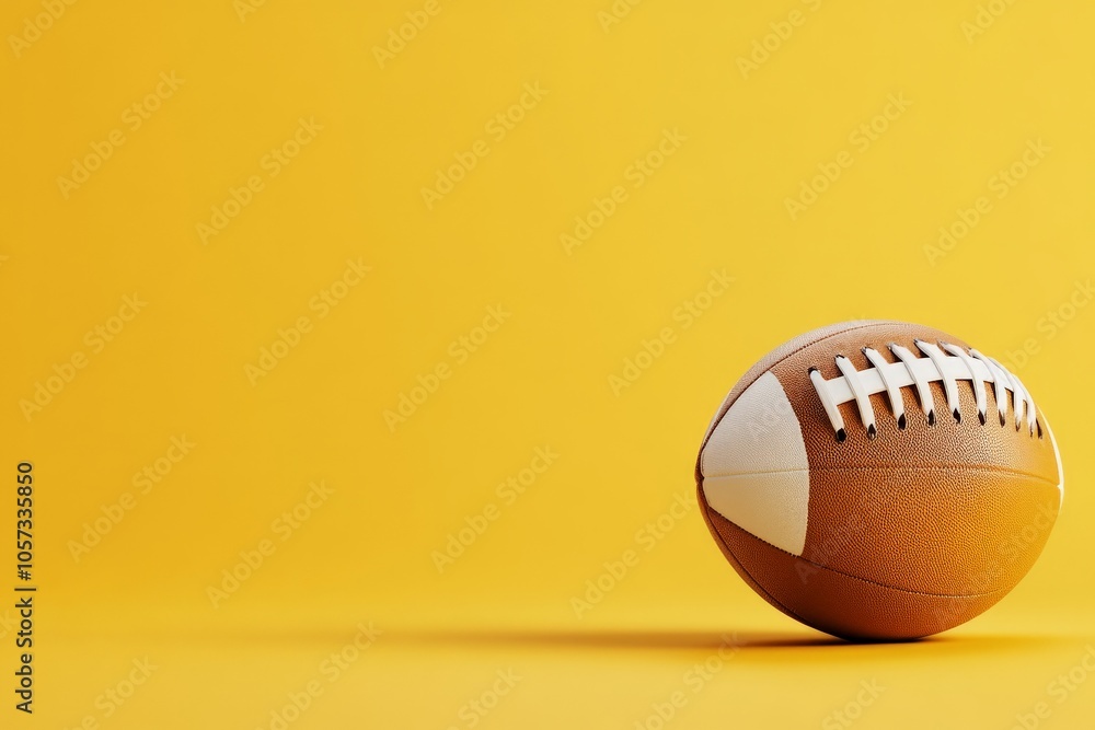 An American football is placed on a vivid yellow background, casting shadows and demonstrating the dynamics of sports culture in a minimalistic style. An American football is placed on a vivid yellow background, casting shadows and demonstrating the dynamics of sports culture in a minimalistic style.