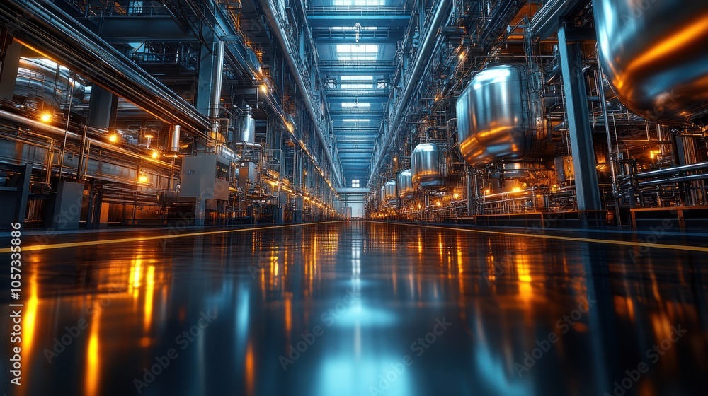 Fototapeta premium Modern industrial facility with illuminated machinery and reflective floors.