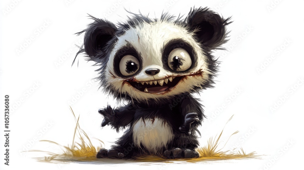 Cartoon zombie panda with big, expressive eyes and a playful demeanor, featuring tattered fur and set against a bright white backdrop. Cartoon zombie panda with big, expressive eyes and a playful demeanor, featuring tattered fur and set against a bright white backdrop.