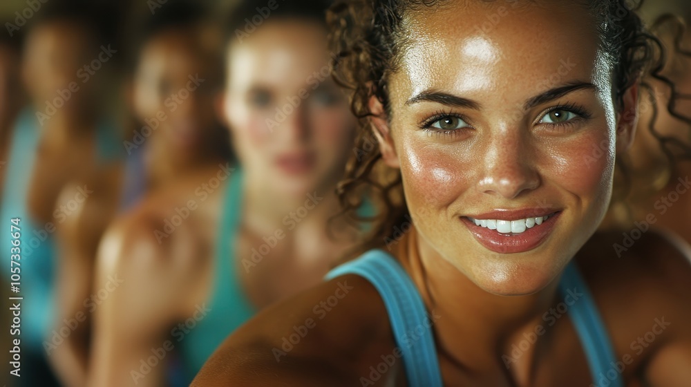 A woman in a blue tank top smiles widely in a gym with workout partners nearby, representing enthusiasm, engagement, and a positive fitness mindset. A woman in a blue tank top smiles widely in a gym with workout partners nearby, representing enthusiasm, engagement, and a positive fitness mindset.