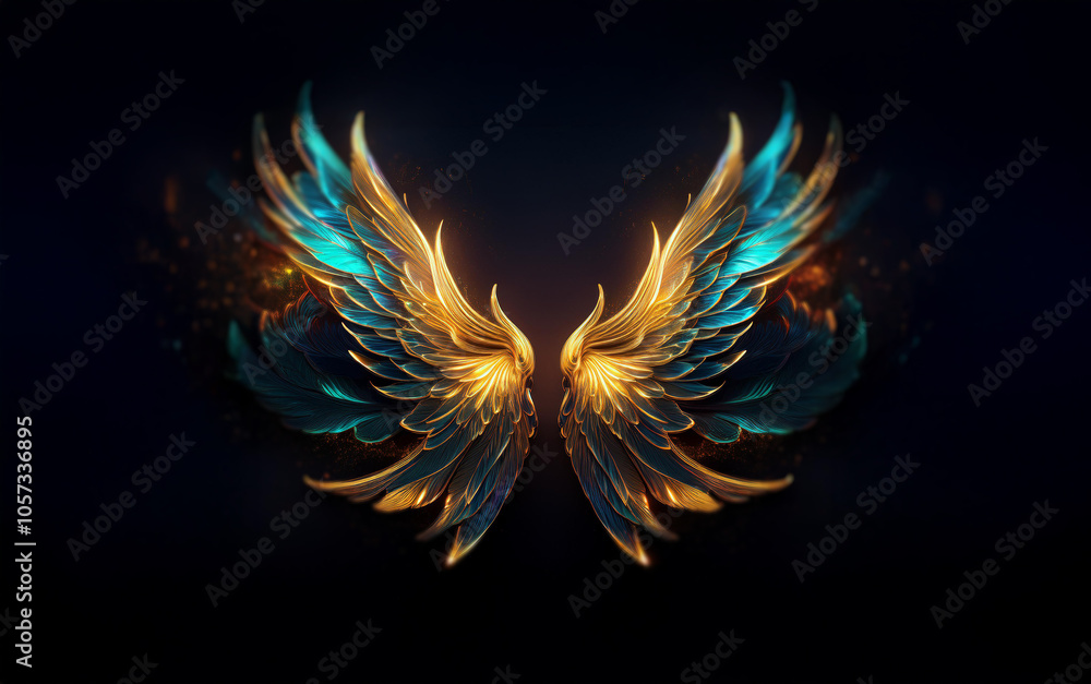 A pair of glowing, golden and blue wings on a black background. A pair of glowing, golden and blue wings on a black background.