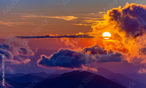 Orange, colorful sunset over the Tatra mountains