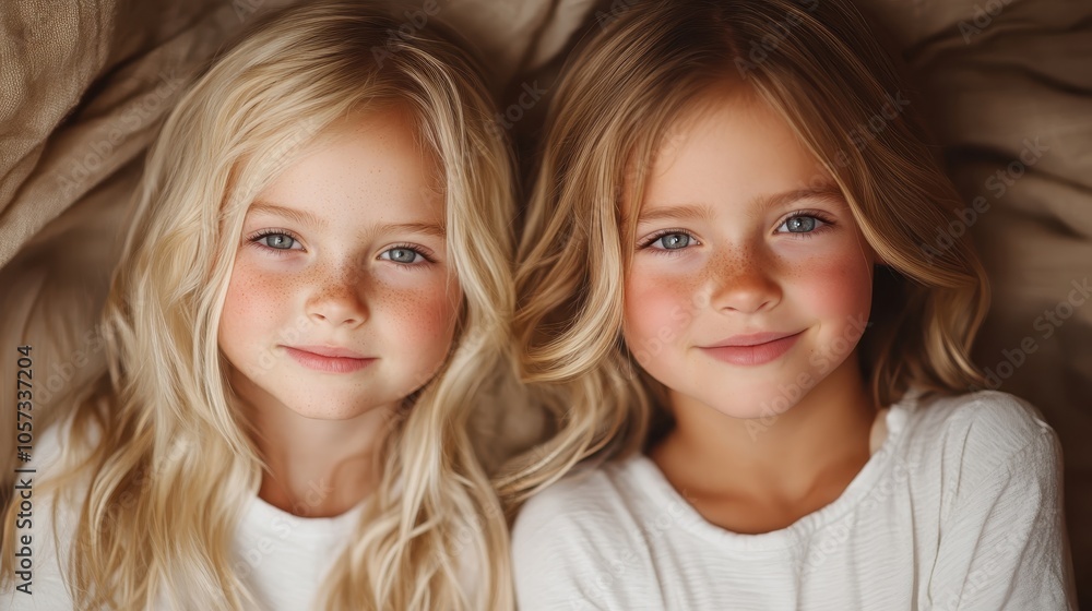 Two smiling twin girls with blonde hair wear elegant white clothing as they lean close to one another in a serene setting, embodying innocence and tranquility. Two smiling twin girls with blonde hair wear elegant white clothing as they lean close to one another in a serene setting, embodying innocence and tranquility.