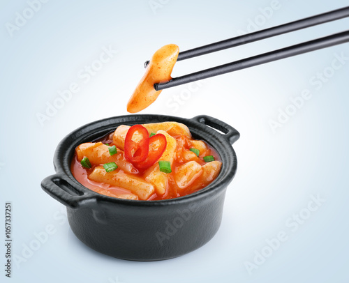 Tteokbokki rice cakes with chilli sauce and onion. Korean cuisine dish. Chopsticks hold tteokbokki rice cakes. photo