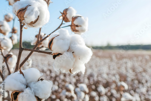 Close up of cotton bolls in sunny field, symbolizing cotton region photo