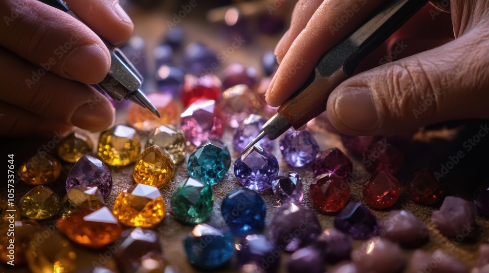 Inside a gem cutting workshop, experts carefully inspect and cut colorful gemstones with Inside a gem cutting workshop, experts carefully inspect and cut colorful gemstones with