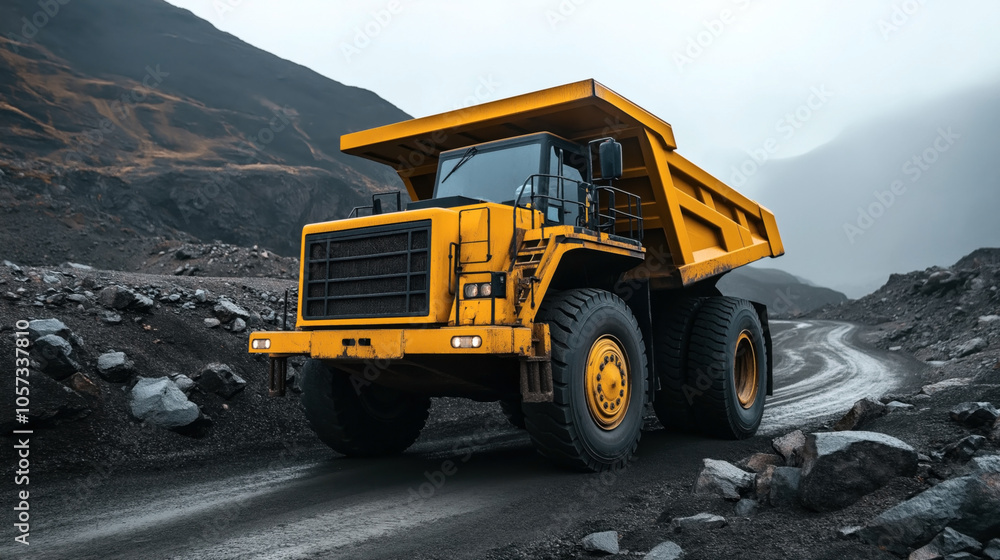 Large yellow dump truck on a gravel road in a barren mountainous landscape with misty weather conditions Large yellow dump truck on a gravel road in a barren mountainous landscape with misty weather conditions
