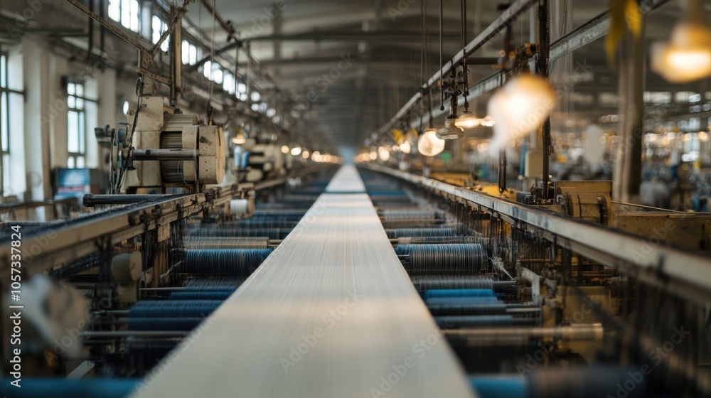 Rows of industrial looms in a textile factory, each producing delicate silk fabric under the
