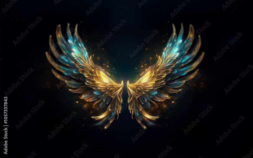 A pair of metallic wings with blue and gold highlights glow on a black background. A pair of metallic wings with blue and gold highlights glow on a black background.