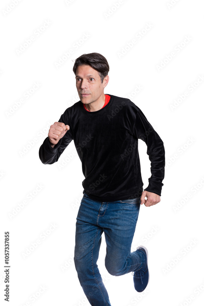 Middle aged man miming running isolated on white background. Middle aged man miming running isolated on white background.