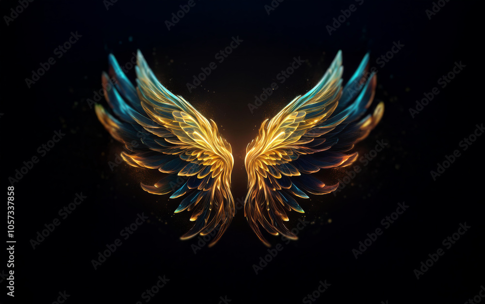A pair of golden and blue angel wings with a glow emanating from the center, set against a dark background. A pair of golden and blue angel wings with a glow emanating from the center, set against a dark background.