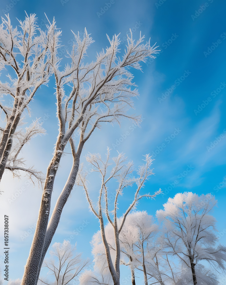 Obraz premium Snow-covered trees stand tall against a brilliant blue sky at dawn, creating a serene winter landscape in nature's embrace