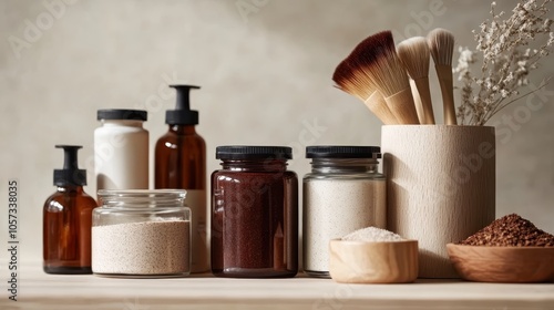 A display of rustic cosmetic jars, brushes, and amber bottles positioned on a simple table evokes a minimalist yet warmly inviting atmosphere with a timeless feel. photo