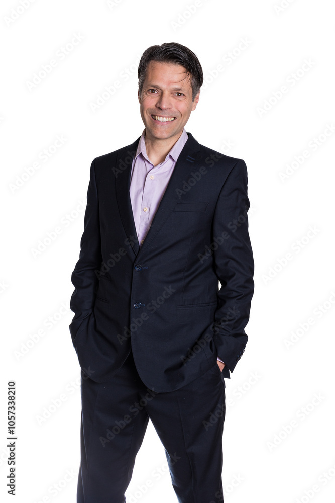 Middle-aged man standing smiling at camera, on white background, wearing formal clothes. Middle-aged man standing smiling at camera, on white background, wearing formal clothes.