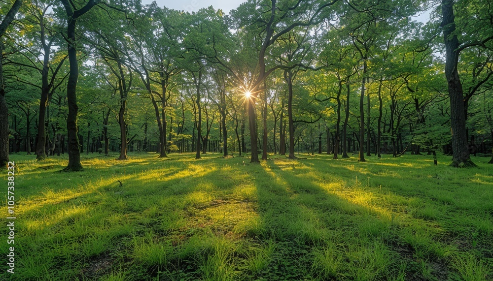 Fototapeta premium Sunbeams Filtering Through Dense Forest Canopy