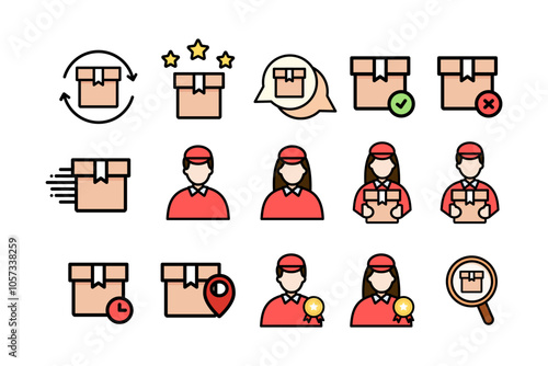 Parcel box delivery icon set. Transportation, logistics, shipment, express service, package, courier, return concepts. Colored outline vector design isolated illustration.