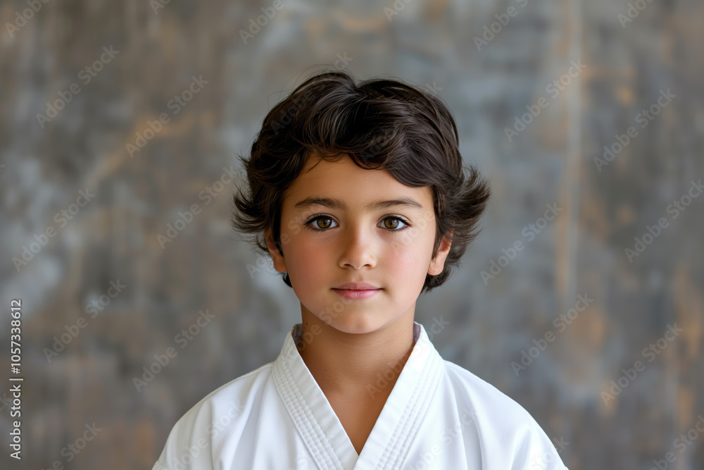 Focused Young Boy in Karate Uniform with Neutral Background Focused Young Boy in Karate Uniform with Neutral Background