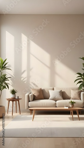 A minimalist living room with a beige sofa, a wooden side table, and a potted plant in the corner. The room has a warm, natural lighting coming from a window.