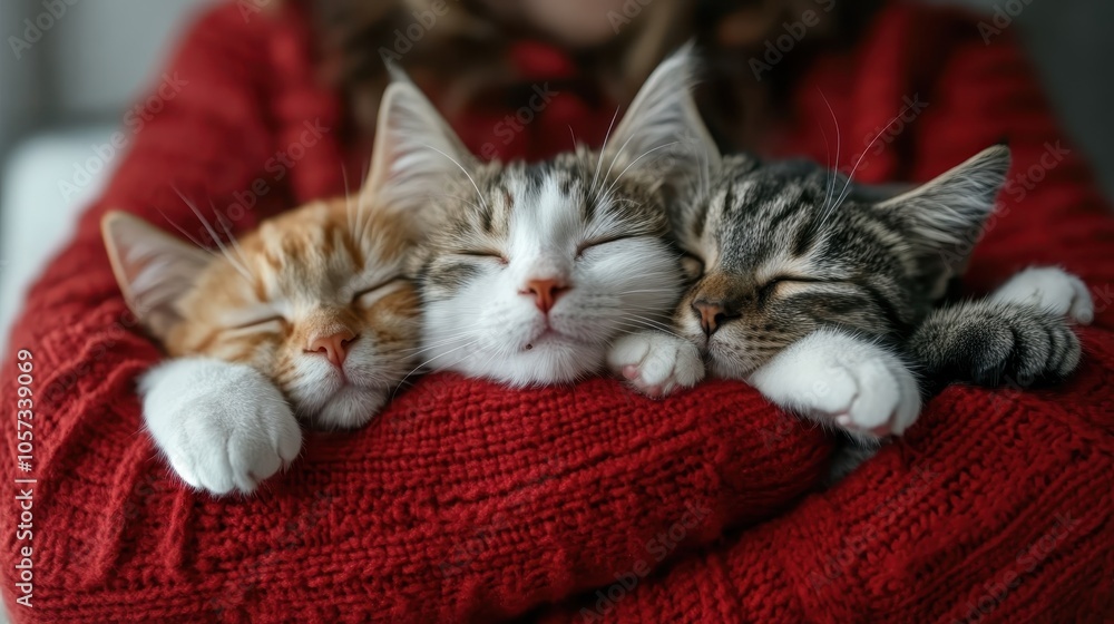 Three kittens snuggled together in a person's arms, nestled comfortably and asleep, displaying an endearing and heartwarming moment of affection and security. Three kittens snuggled together in a person's arms, nestled comfortably and asleep, displaying an endearing and heartwarming moment of affection and security.
