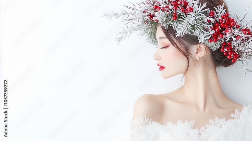 クリスマスリースの冠をした若い日本人女性の横顔 クリスマスリースの冠をした若い日本人女性の横顔