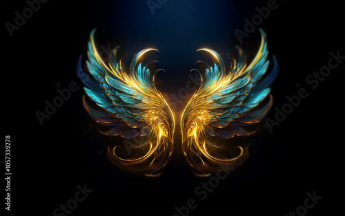 A pair of golden and blue wings with intricate details on a black background.