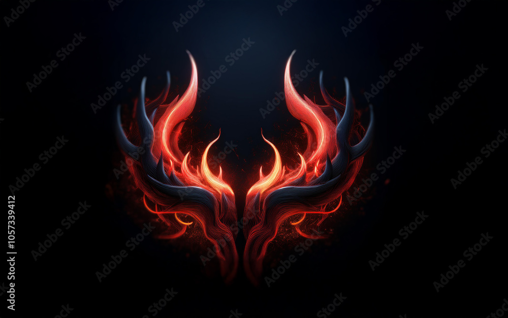 A stylized, symmetrical, and abstract design with two horns glowing with fiery red and orange flames. A stylized, symmetrical, and abstract design with two horns glowing with fiery red and orange flames.
