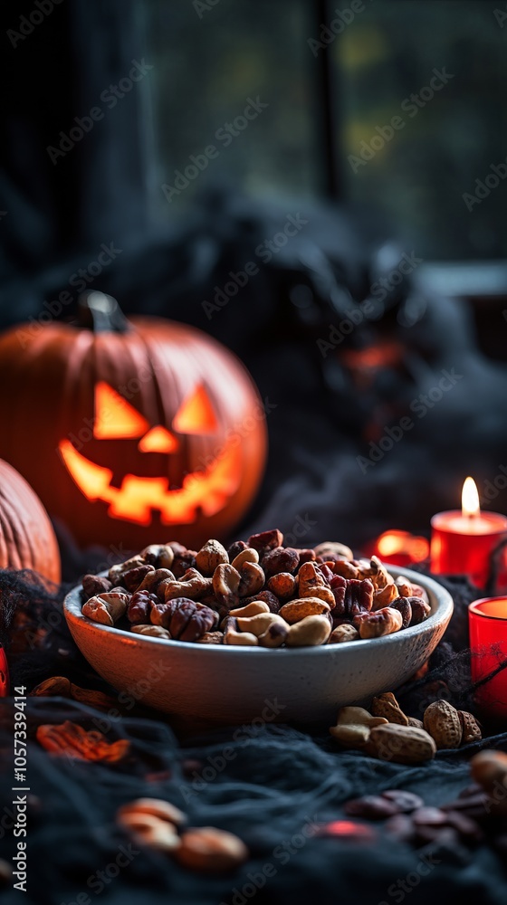 Halloween-Themed Table Setting with Mixed Nuts, Candles, and Pumpkins - AI generated illustration. Halloween-Themed Table Setting with Mixed Nuts, Candles, and Pumpkins - AI generated illustration.