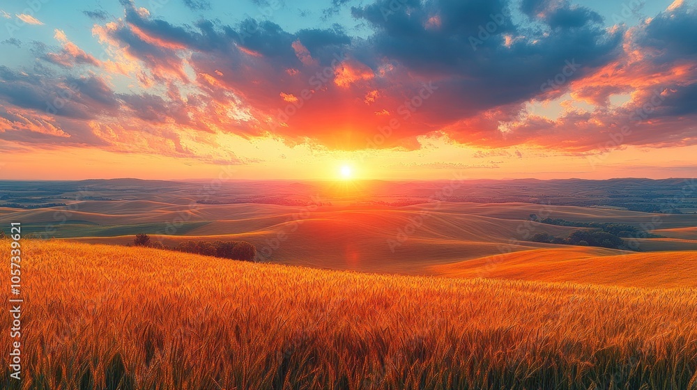 Vibrant sunset over rolling hills and golden fields. Vibrant sunset over rolling hills and golden fields.