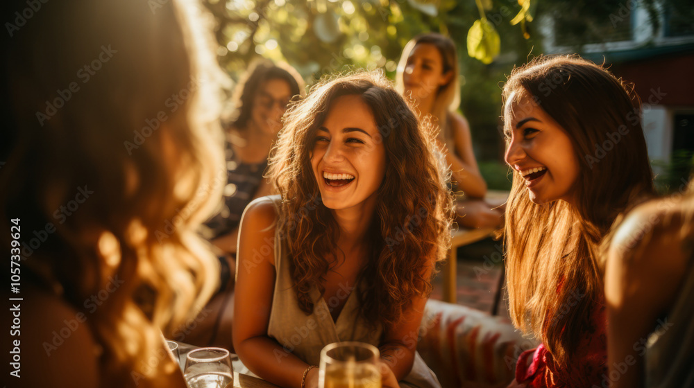 Group of friends laughing and enjoying outdoor conversation Group of friends laughing and enjoying outdoor conversation
