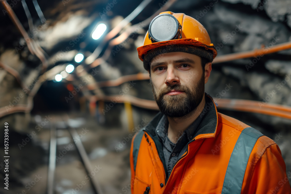 Underground Miner in Orange Safety Gear Working in Tunnel Underground Miner in Orange Safety Gear Working in Tunnel