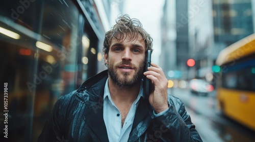 A man in a raincoat stands on a bustling city street, engaged in a phone conversation amidst the wet urban environment, showcasing modern city life dynamics.