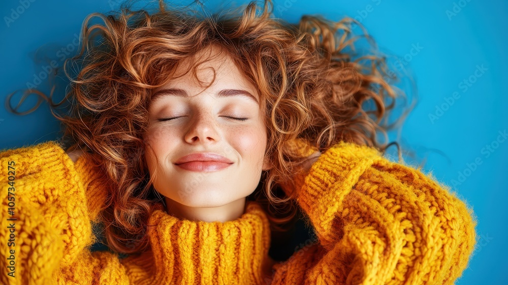 A cheerful woman lies back in a yellow knit sweater, smiling with closed eyes against a blue background, exuding warmth, relaxation, and youthful joy. A cheerful woman lies back in a yellow knit sweater, smiling with closed eyes against a blue background, exuding warmth, relaxation, and youthful joy.