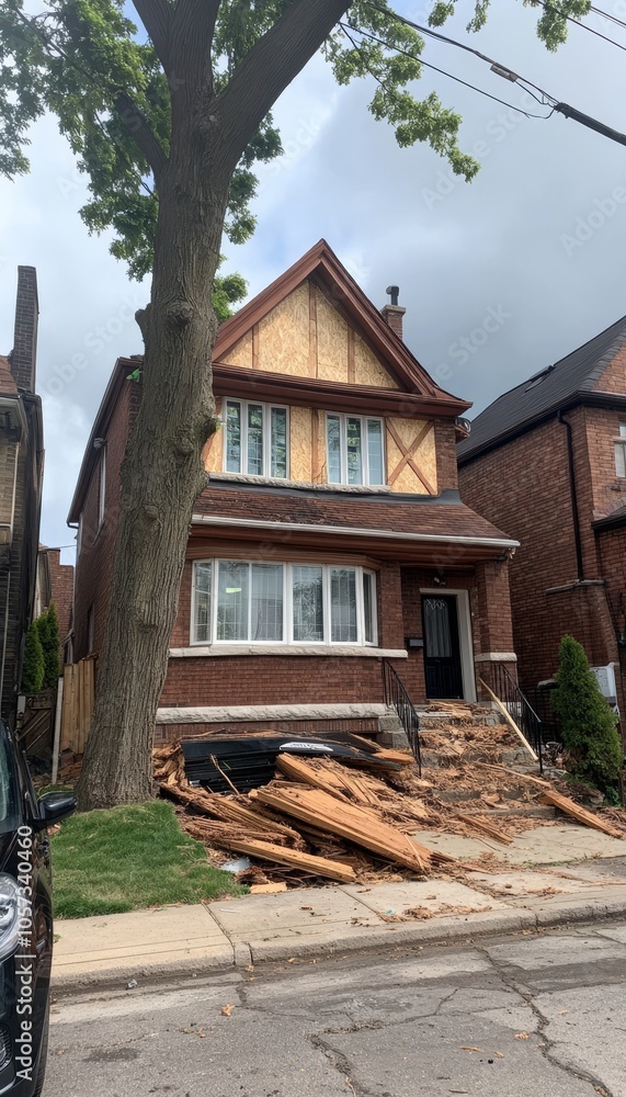 Naklejka premium Renovation of a Detached Two-Story Brick House With Lumber and Construction Debris in Toronto Canada