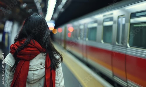 Woman in red scarf with back turned walking alone in underground train station.