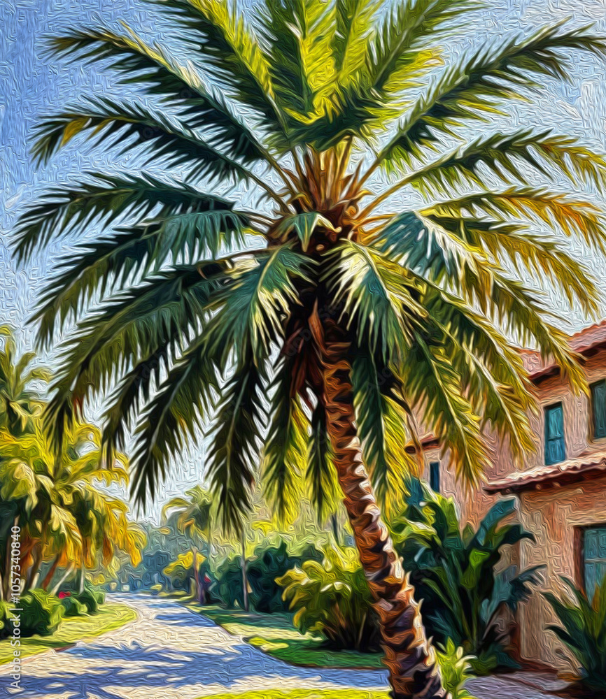 Fototapeta premium Palm tree. Oil painting. Pattern for printing on wall decorations, fabrics, for use in graphics.