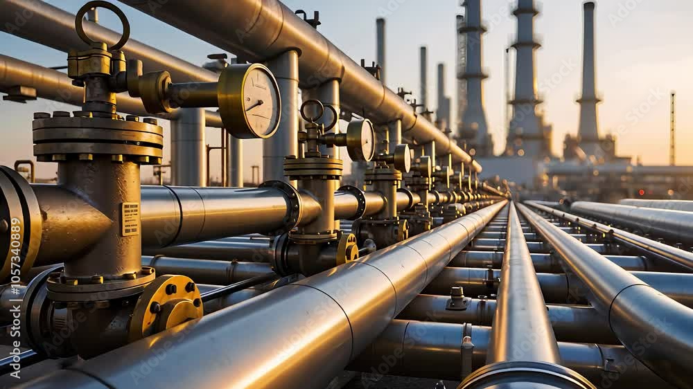 Industrial Pipelines in Petrochemical Facility at Sunrise
Industrial Pipelines in Petrochemical Facility at Sunrise