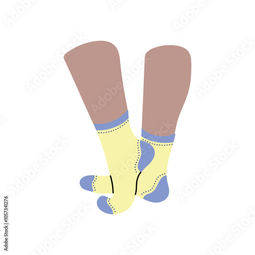 Beautiful female tanned skin legs in yellow and blue socks on white background. Hand drawn vector illustration in flat style. Textile, clothes brand, children, woman legs, everyday clothes, diversity