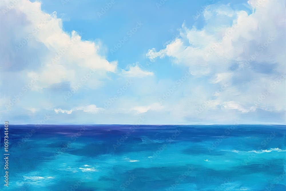 A simple oil painting of the ocean, with a horizon line and a blue sky dotted with white clouds. A simple oil painting of the ocean, with a horizon line and a blue sky dotted with white clouds.