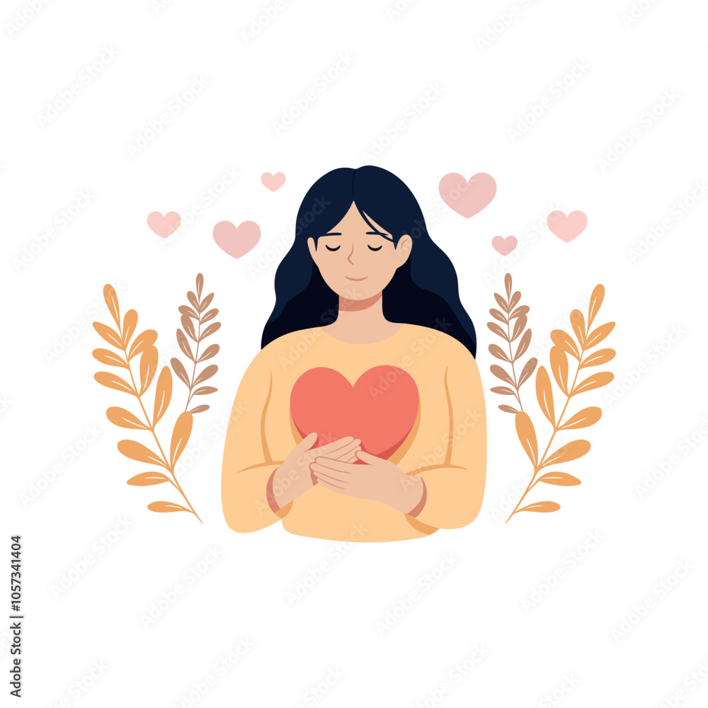 Woman hugging heart. Self-love. Love yourself. Positive emotion and mental health concept. Freedom mental wellbeing. Vector cartoon flat illustration isolated on white. Woman hugging heart. Self-love. Love yourself. Positive emotion and mental health concept. Freedom mental wellbeing. Vector cartoon flat illustration isolated on white.