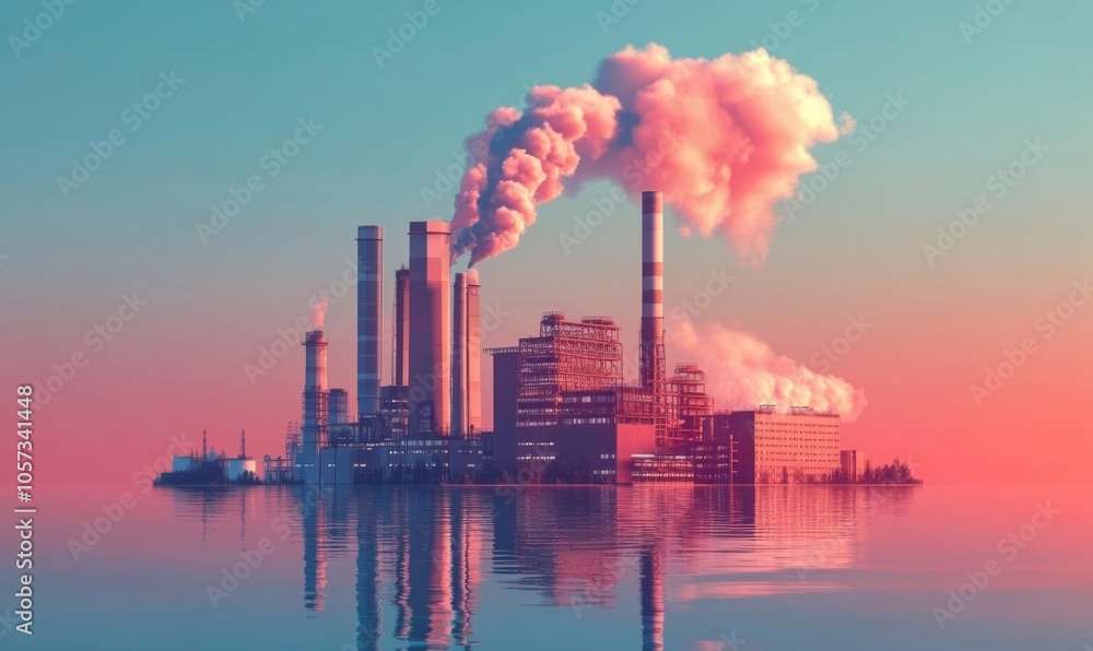 Industrial power plant with thick CO2 smoke from chimney. Pollution and carbon dioxide emissions footprint from fossil fuel burning. Industrial power plant with thick CO2 smoke from chimney. Pollution and carbon dioxide emissions footprint from fossil fuel burning.