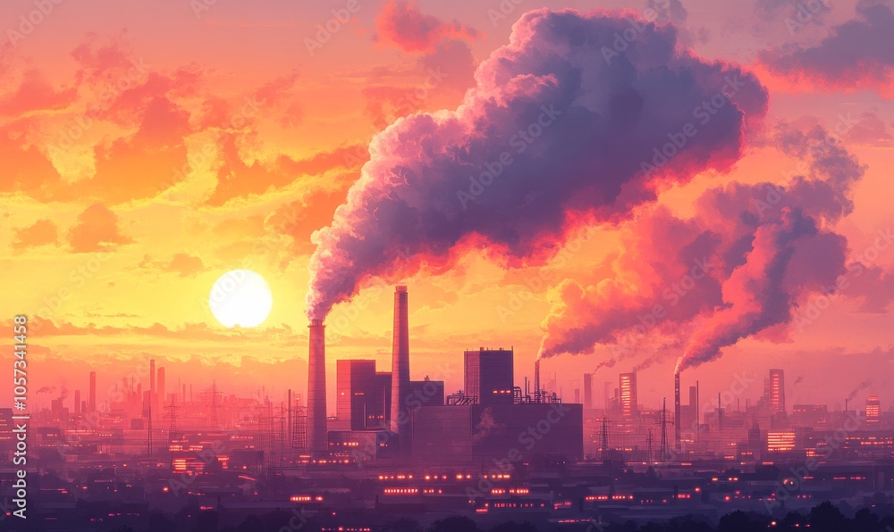 Industrial power plant with thick CO2 smoke from chimney. Pollution and carbon dioxide emissions footprint from fossil fuel burning. Industrial power plant with thick CO2 smoke from chimney. Pollution and carbon dioxide emissions footprint from fossil fuel burning.