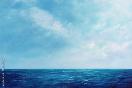 A simple oil painting of the ocean, with a horizon line and a blue sky dotted with white clouds.