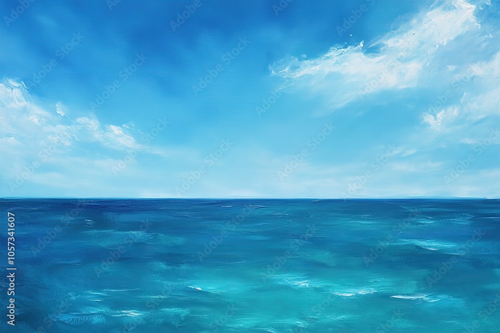 Fototapeta premium A simple oil painting of the ocean, with a horizon line and a blue sky dotted with white clouds.