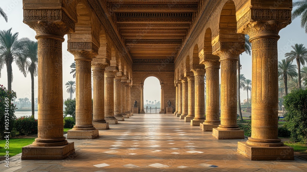 Fototapeta premium Elegant colonnade with palm trees and archway in a serene setting.