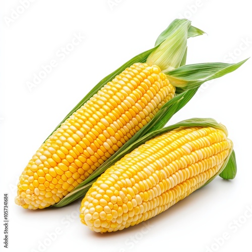 Two ears of fresh corn with husks, showcasing vibrant yellow kernels.