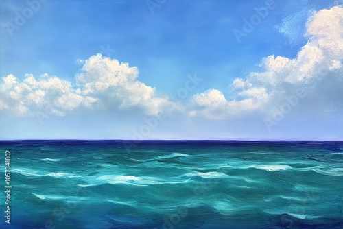 A simple oil painting of the ocean, with a horizon line and a blue sky dotted with white clouds.