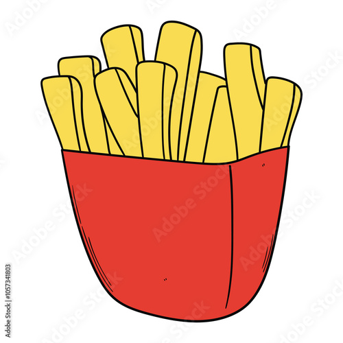 Hand drawn cartoon crispy French fries on white background. Fast food, junk food, unhealthy eating.