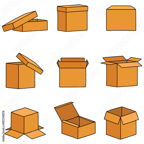 Hand drawn cartoon set of empty cardboard boxes on white background.