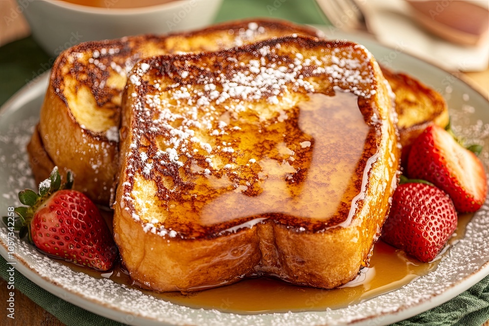 Delicious French toast with strawberries and syrup. Delicious French toast with strawberries and syrup.