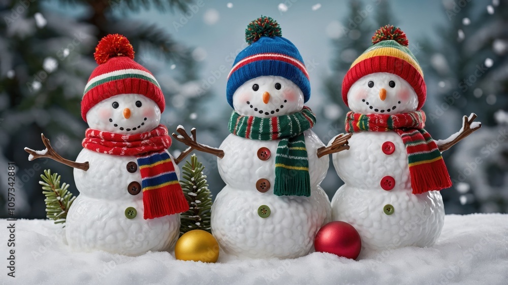 Charming snowman figurines adorned with scarves and hats, bringing warmth and joy to winter decor and evoking holiday spirit Charming snowman figurines adorned with scarves and hats, bringing warmth and joy to winter decor and evoking holiday spirit